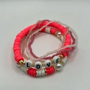 5PC Pink Love Letter Faux Pearl Bracelet Stack